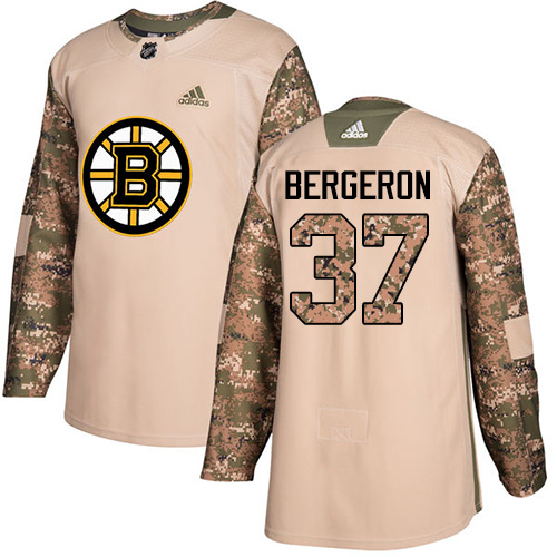 Youth Adidas Boston Bruins #37 Patrice Bergeron Authentic Camo Veterans Day Practice NHL Jersey