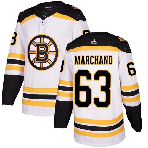 Men's Adidas Boston Bruins #63 Brad Marchand Authentic White Away NHL Jersey