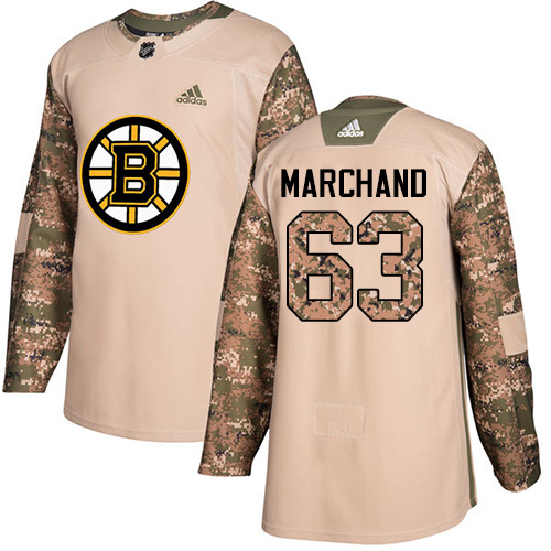 Youth Adidas Boston Bruins #63 Brad Marchand Authentic Camo Veterans Day Practice NHL Jersey
