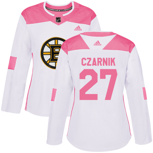 Women's Adidas Boston Bruins #27 Austin Czarnik Authentic White/Pink Fashion NHL Jersey