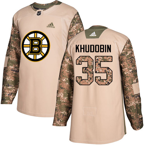 Men's Adidas Boston Bruins #35 Anton Khudobin Authentic Camo Veterans Day Practice NHL Jersey