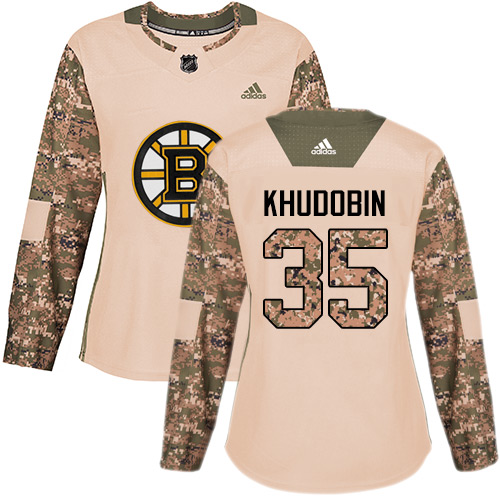Women's Adidas Boston Bruins #35 Anton Khudobin Authentic Camo Veterans Day Practice NHL Jersey