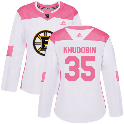 Women's Adidas Boston Bruins #35 Anton Khudobin Authentic White/Pink Fashion NHL Jersey