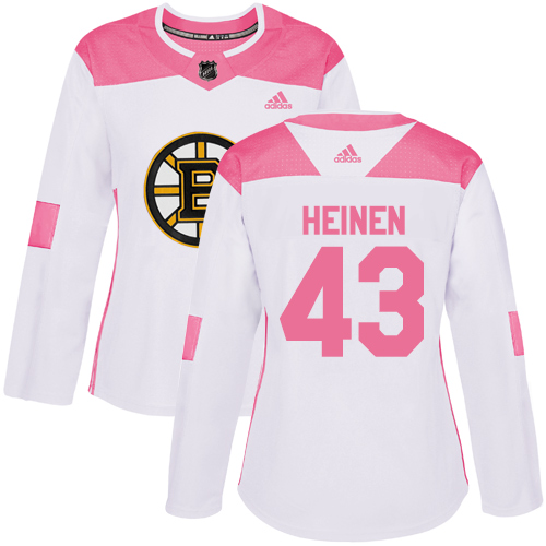 Women's Adidas Boston Bruins #43 Danton Heinen Authentic White/Pink Fashion NHL Jersey