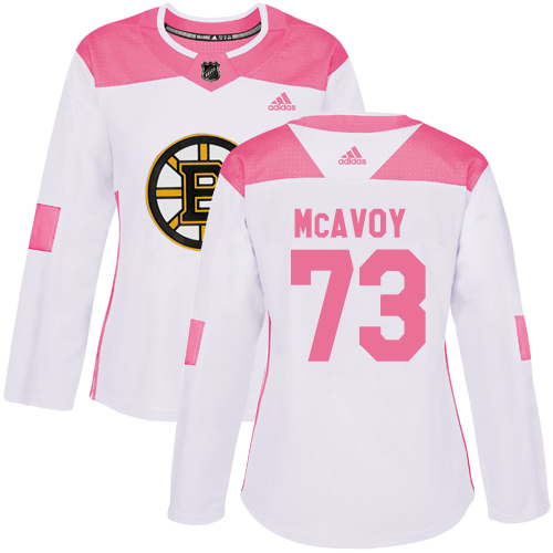 Women's Adidas Boston Bruins #73 Charlie McAvoy Authentic White/Pink Fashion NHL Jersey