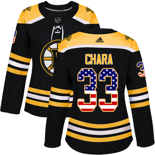 Women's Adidas Boston Bruins #33 Zdeno Chara Authentic Black USA Flag Fashion NHL Jersey