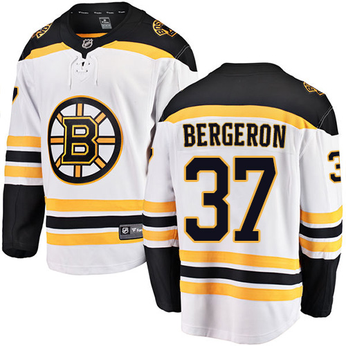 Men's Boston Bruins #37 Patrice Bergeron Authentic White Away Fanatics Branded Breakaway NHL Jersey
