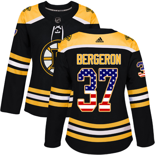 Women's Adidas Boston Bruins #37 Patrice Bergeron Authentic Black USA Flag Fashion NHL Jersey