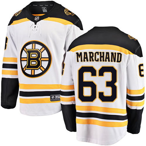 Men's Boston Bruins #63 Brad Marchand Authentic White Away Fanatics Branded Breakaway NHL Jersey