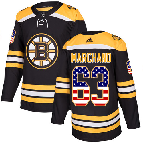 Men's Adidas Boston Bruins #63 Brad Marchand Authentic Black USA Flag Fashion NHL Jersey