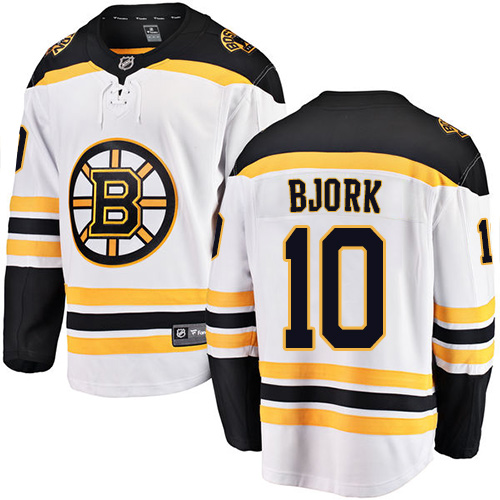 Men's Boston Bruins #10 Anders Bjork Authentic White Away Fanatics Branded Breakaway NHL Jersey