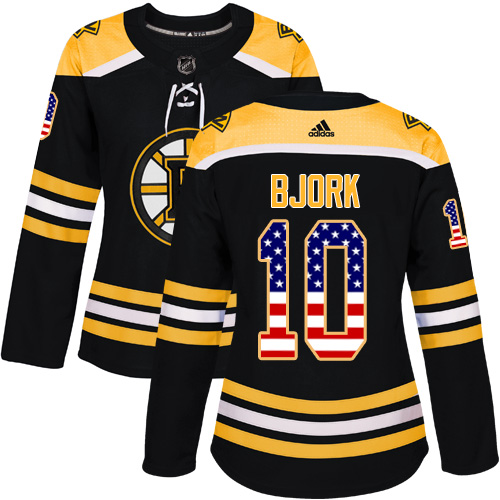 Women's Adidas Boston Bruins #10 Anders Bjork Authentic Black USA Flag Fashion NHL Jersey