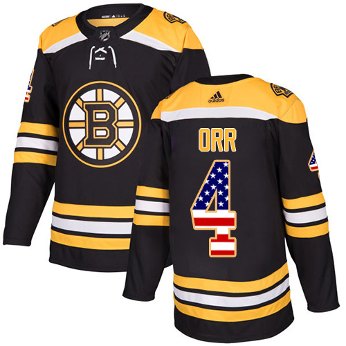 Men's Adidas Boston Bruins #4 Bobby Orr Authentic Black USA Flag Fashion NHL Jersey