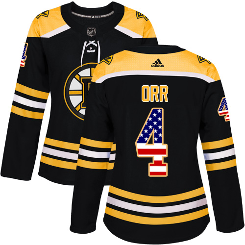 Women's Adidas Boston Bruins #4 Bobby Orr Authentic Black USA Flag Fashion NHL Jersey