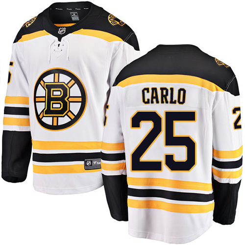 Men's Boston Bruins #25 Brandon Carlo Authentic White Away Fanatics Branded Breakaway NHL Jersey