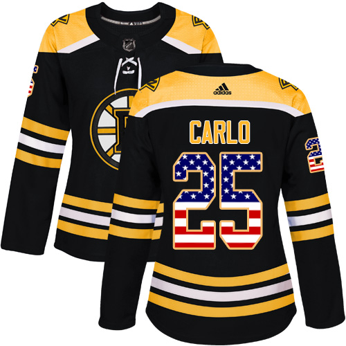Women's Adidas Boston Bruins #25 Brandon Carlo Authentic Black USA Flag Fashion NHL Jersey