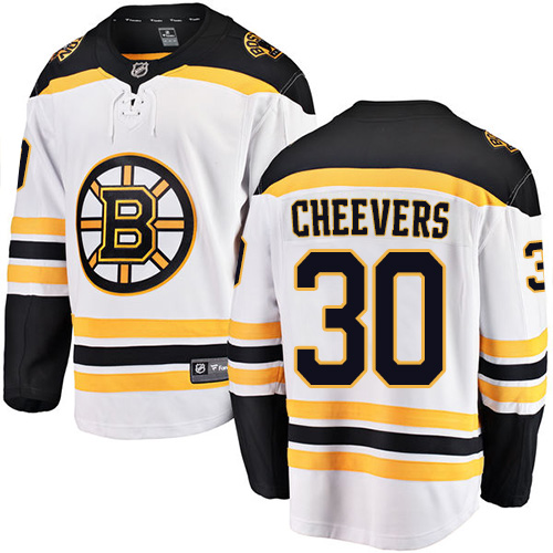 Men's Boston Bruins #30 Gerry Cheevers Authentic White Away Fanatics Branded Breakaway NHL Jersey