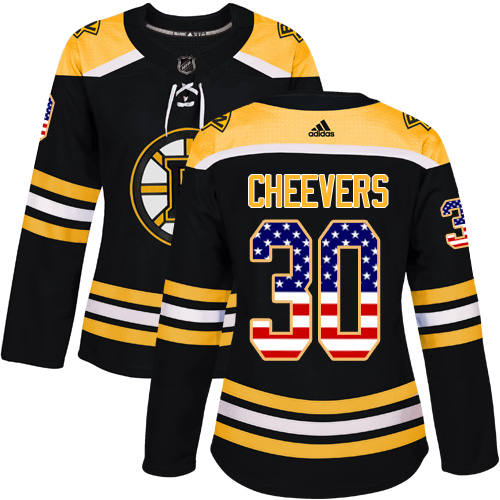 Women's Adidas Boston Bruins #30 Gerry Cheevers Authentic Black USA Flag Fashion NHL Jersey