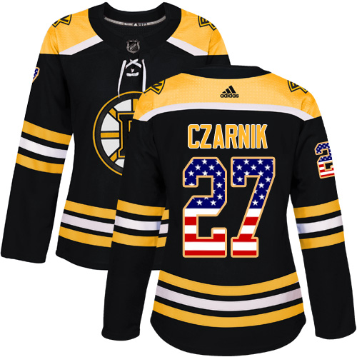 Women's Adidas Boston Bruins #27 Austin Czarnik Authentic Black USA Flag Fashion NHL Jersey