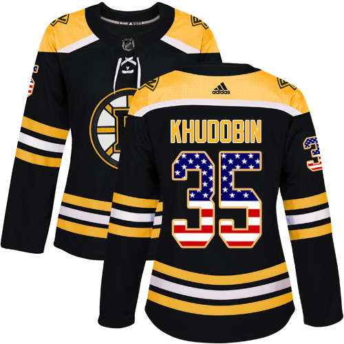 Women's Adidas Boston Bruins #35 Anton Khudobin Authentic Black USA Flag Fashion NHL Jersey