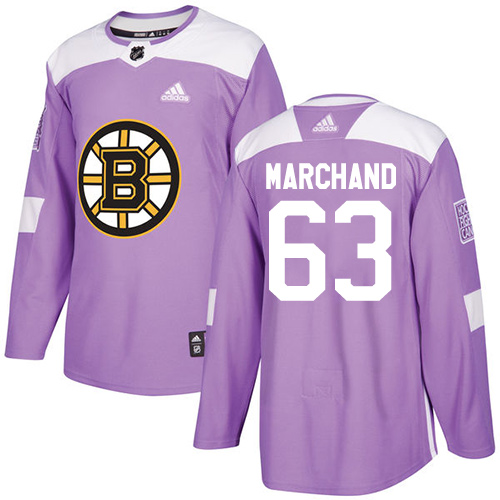 Youth Adidas Boston Bruins #63 Brad Marchand Authentic Purple Fights Cancer Practice NHL Jersey