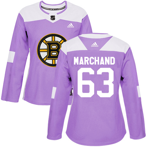 Women's Adidas Boston Bruins #63 Brad Marchand Authentic Purple Fights Cancer Practice NHL Jersey