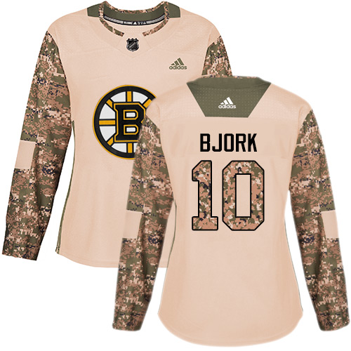 Women's Adidas Boston Bruins #10 Anders Bjork Authentic Camo Veterans Day Practice NHL Jersey