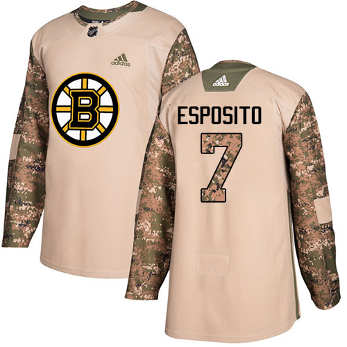 Men's Adidas Boston Bruins #7 Phil Esposito Authentic Camo Veterans Day Practice NHL Jersey