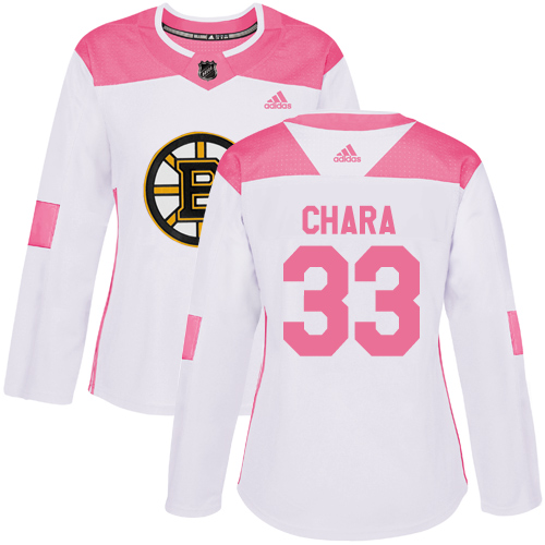 Women's Adidas Boston Bruins #33 Zdeno Chara Authentic White/Pink Fashion NHL Jersey