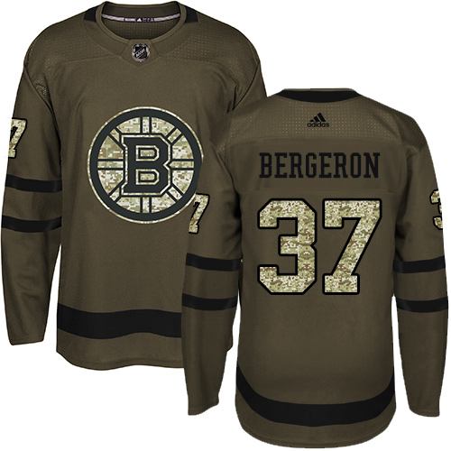 Youth Adidas Boston Bruins #37 Patrice Bergeron Authentic Green Salute to Service NHL Jersey