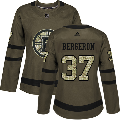 Women's Adidas Boston Bruins #37 Patrice Bergeron Authentic Green Salute to Service NHL Jersey