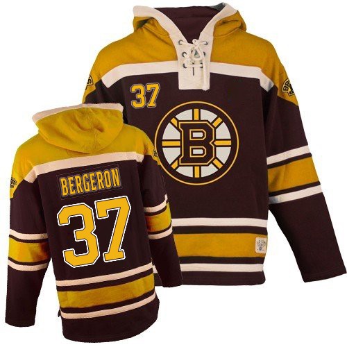 Men's Old Time Hockey Boston Bruins #37 Patrice Bergeron Authentic Black Sawyer Hooded Sweatshirt
