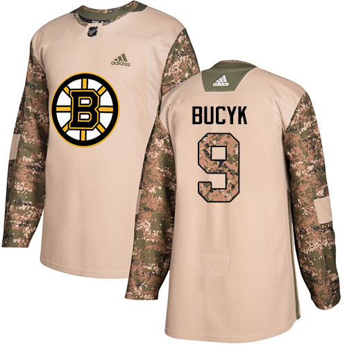 Men's Adidas Boston Bruins #9 Johnny Bucyk Authentic Camo Veterans Day Practice NHL Jersey