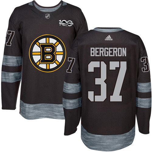Men's Adidas Boston Bruins #37 Patrice Bergeron Premier Black 1917-2017 100th Anniversary NHL Jersey