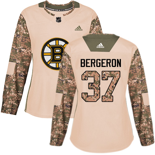 Women's Adidas Boston Bruins #37 Patrice Bergeron Authentic Camo Veterans Day Practice NHL Jersey