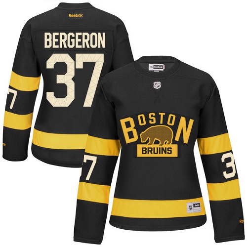 Women's Reebok Boston Bruins #37 Patrice Bergeron Authentic Black 2016 Winter Classic NHL Jersey