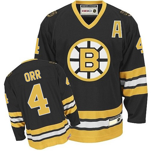 Men's CCM Boston Bruins #4 Bobby Orr Authentic Black/Gold Throwback NHL Jersey