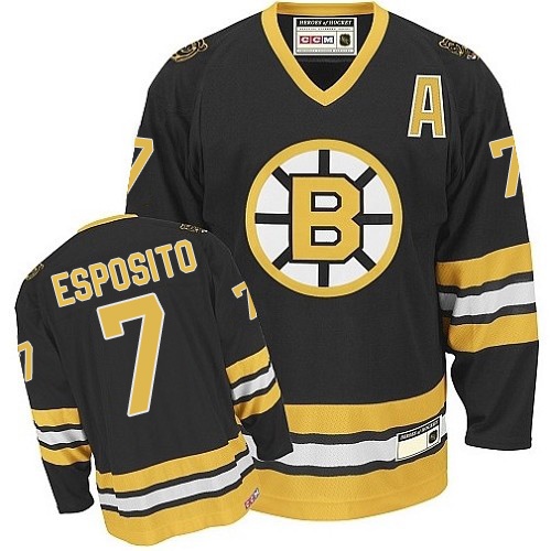 Men's CCM Boston Bruins #7 Phil Esposito Authentic Black/Gold Throwback NHL Jersey