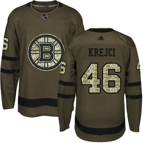 Men's Adidas Boston Bruins #46 David Krejci Authentic Green Salute to Service NHL Jersey
