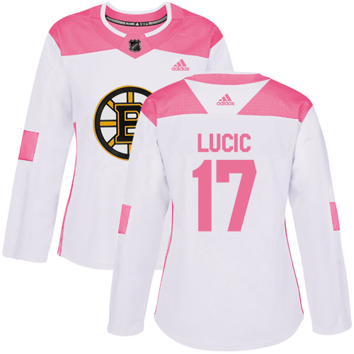Women's Adidas Boston Bruins #17 Milan Lucic Authentic White/Pink Fashion NHL Jersey