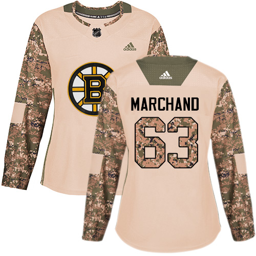 Women's Adidas Boston Bruins #63 Brad Marchand Authentic Camo Veterans Day Practice NHL Jersey