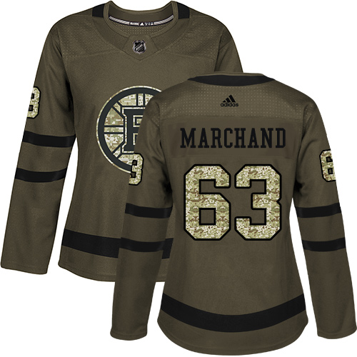 Women's Adidas Boston Bruins #63 Brad Marchand Authentic Green Salute to Service NHL Jersey