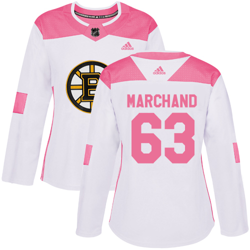 Women's Adidas Boston Bruins #63 Brad Marchand Authentic White/Pink Fashion NHL Jersey