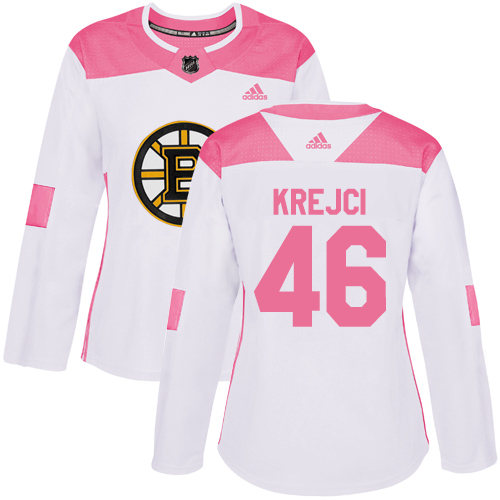 Women's Adidas Boston Bruins #46 David Krejci Authentic White/Pink Fashion NHL Jersey
