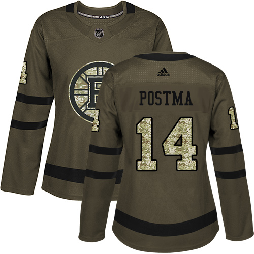 Women's Adidas Boston Bruins #14 Paul Postma Authentic Green Salute to Service NHL Jersey