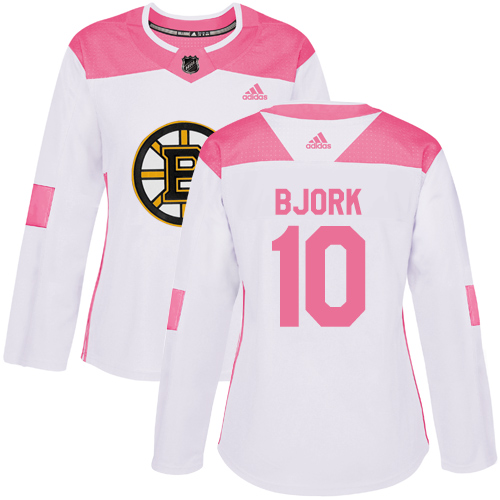 Women's Adidas Boston Bruins #10 Anders Bjork Authentic White/Pink Fashion NHL Jersey