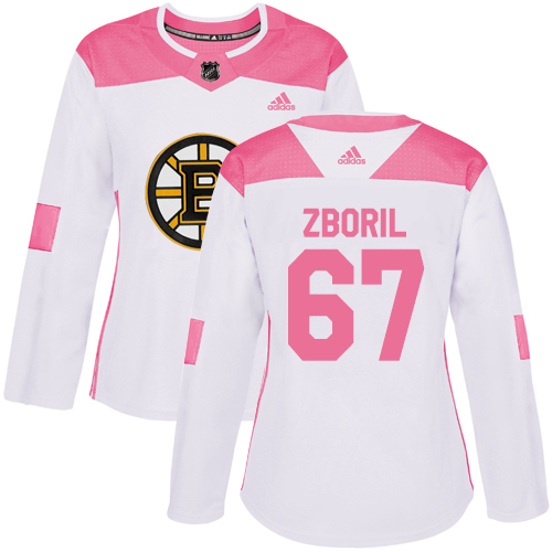 Women's Adidas Boston Bruins #67 Jakub Zboril Authentic White/Pink Fashion NHL Jersey