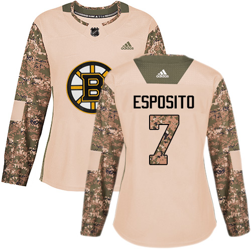 Women's Adidas Boston Bruins #7 Phil Esposito Authentic Camo Veterans Day Practice NHL Jersey