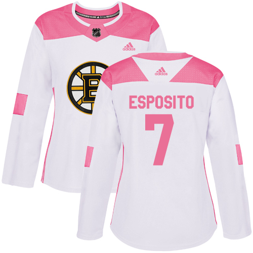 Women's Adidas Boston Bruins #7 Phil Esposito Authentic White/Pink Fashion NHL Jersey