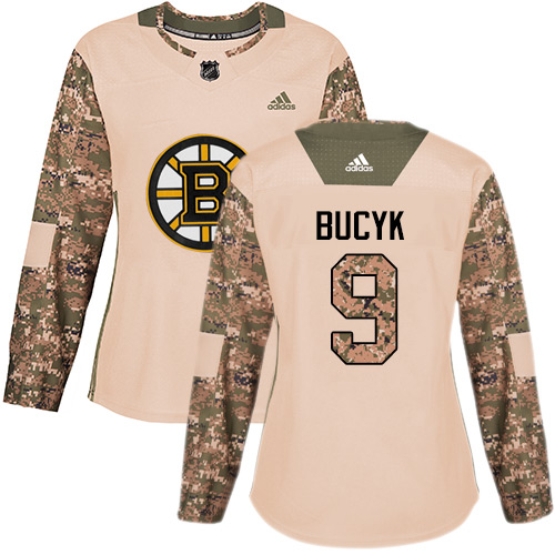 Women's Adidas Boston Bruins #9 Johnny Bucyk Authentic Camo Veterans Day Practice NHL Jersey